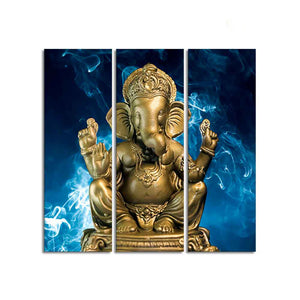 God Ganesha Golden Sculpture Wall Painting of Three Panels