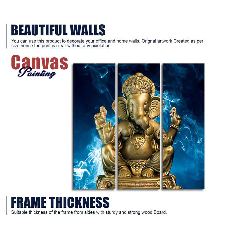 God Ganesha Golden Sculpture Wall Painting of Three Panels