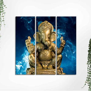 God Ganesha Golden Sculpture Wall Painting of Three Panels