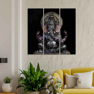 God Ganesha Sculpture Wall Painting of Three Panels