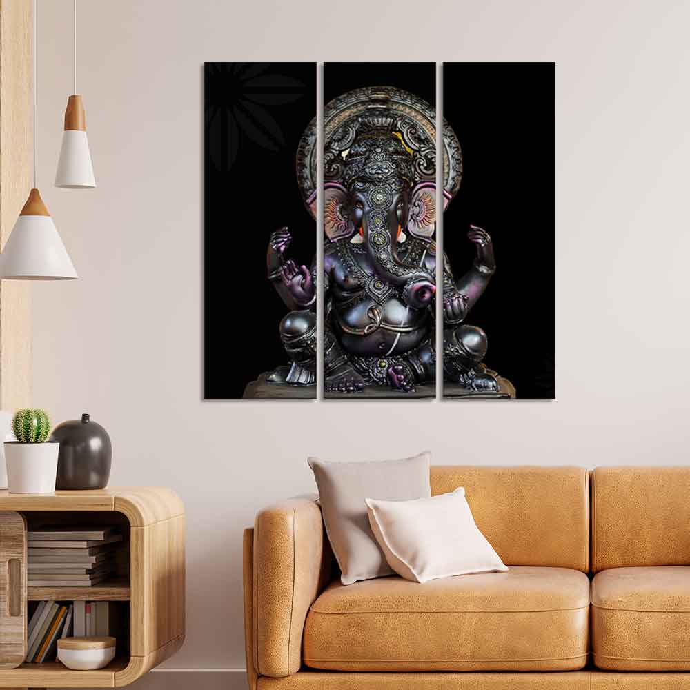 God Ganesha Sculpture Wall Painting of Three Panels