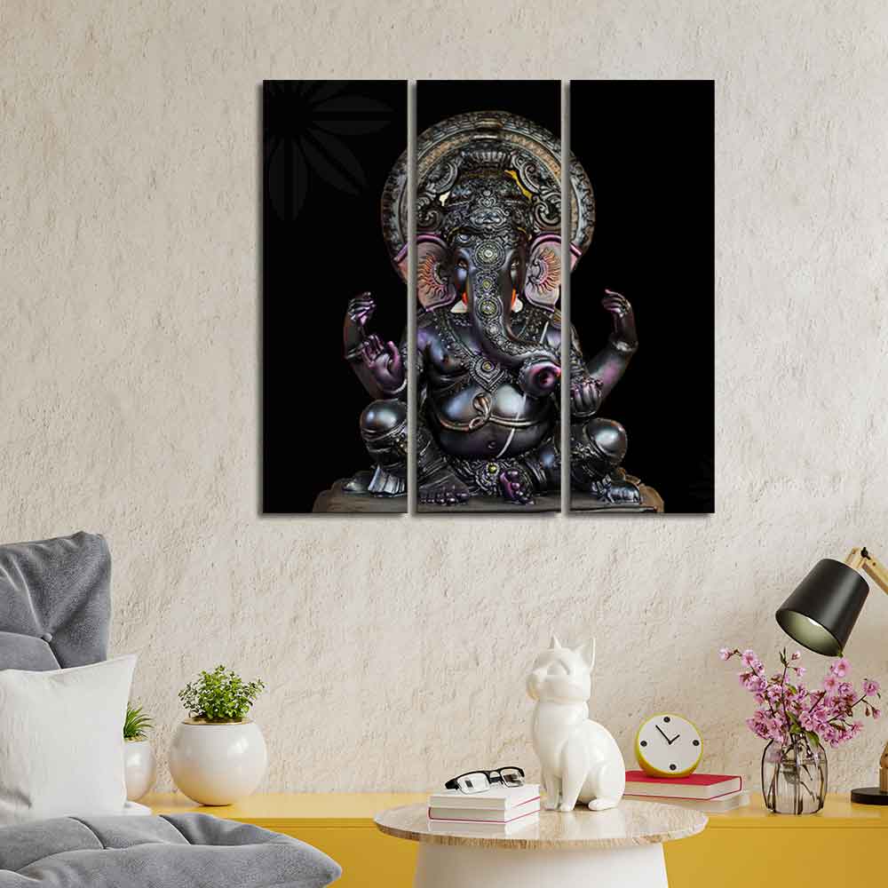 God Ganesha Sculpture Wall Painting of Three Panels