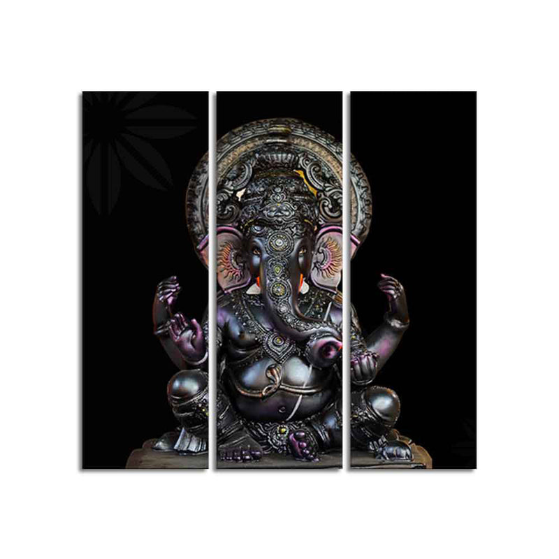 God Ganesha Sculpture Wall Painting of Three Panels