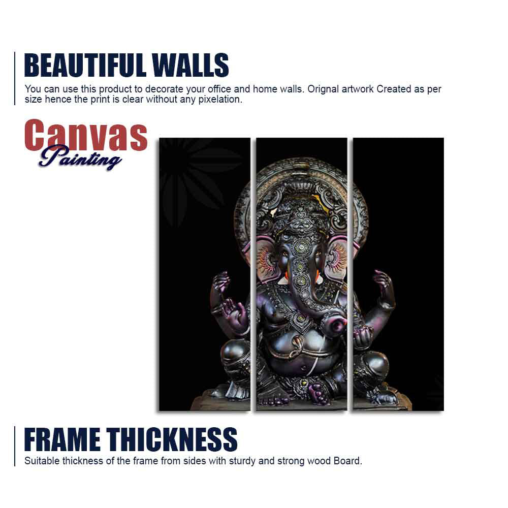 God Ganesha Sculpture Wall Painting of Three Panels