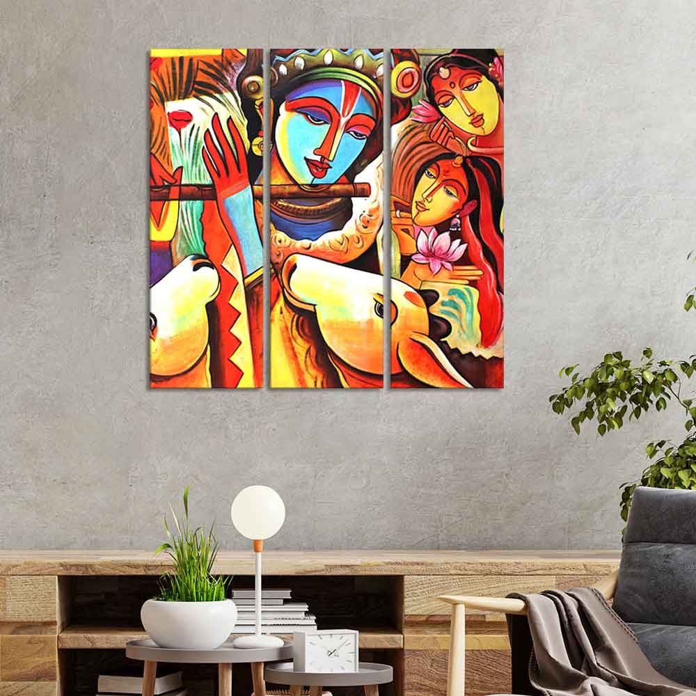 God Radha Krishna Beautiful Wall Painting of 3 Pieces