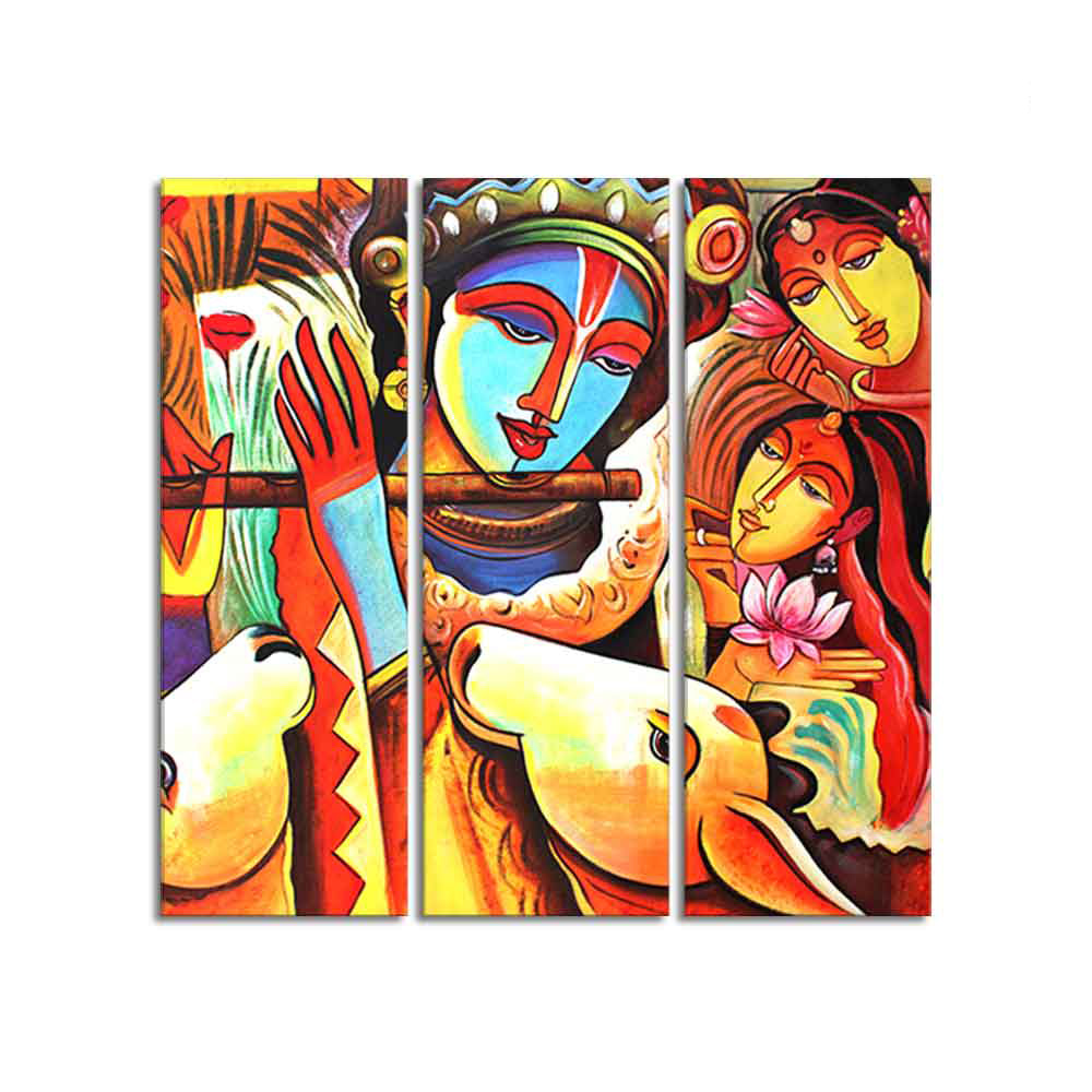 God Radha Krishna Beautiful Wall Painting of 3 Pieces