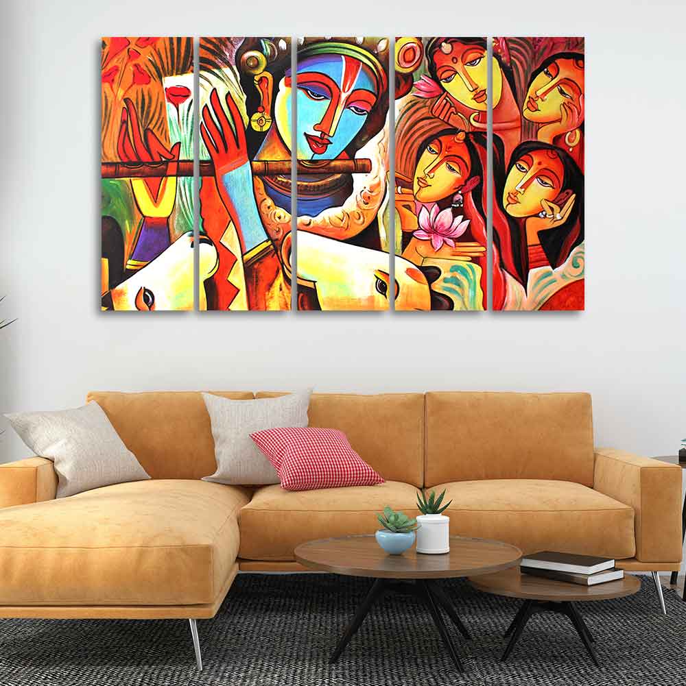 God Radha Krishna Beautiful Wall Painting of Five Pieces