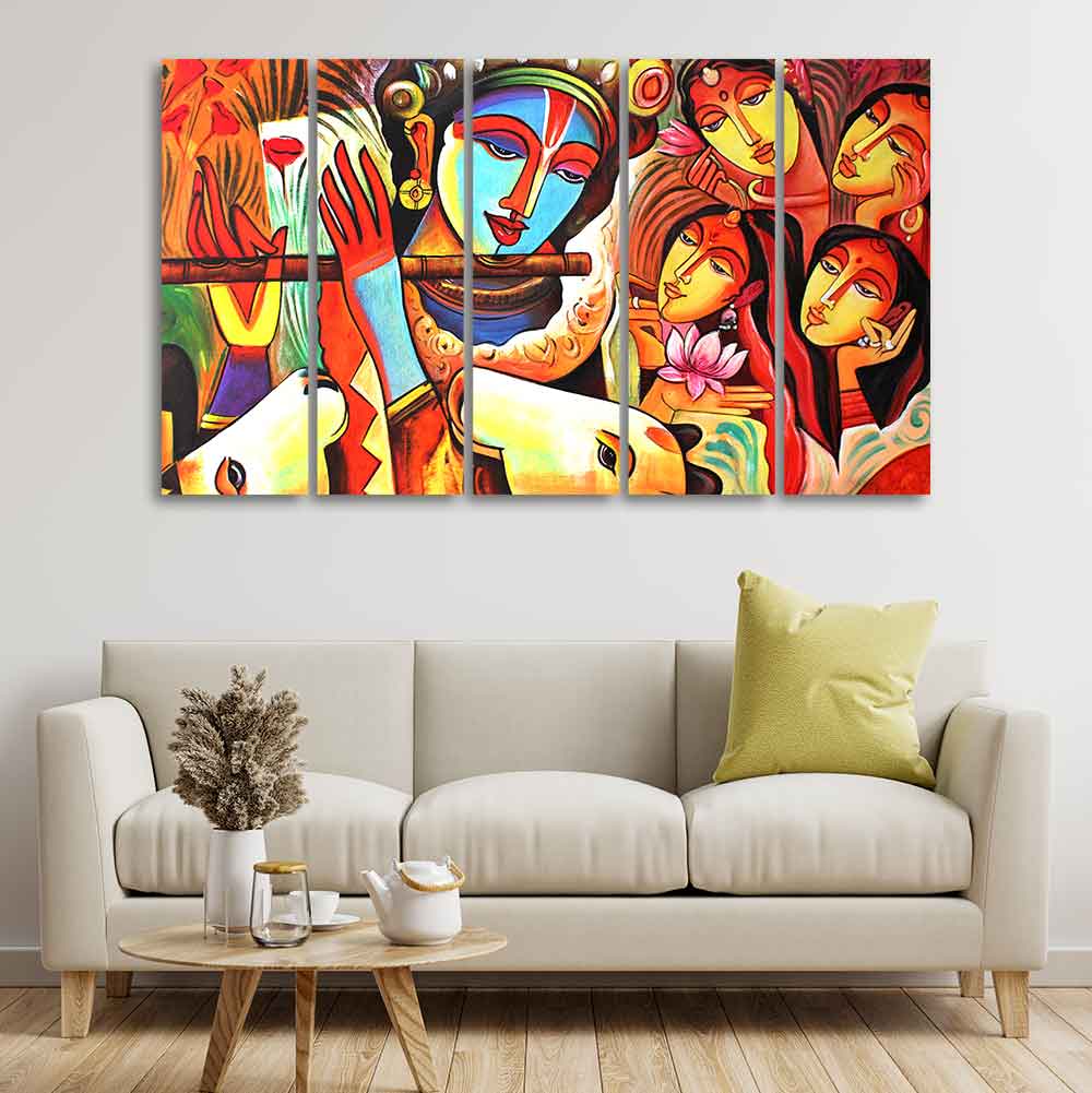 God Radha Krishna Beautiful Wall Painting of Five Pieces