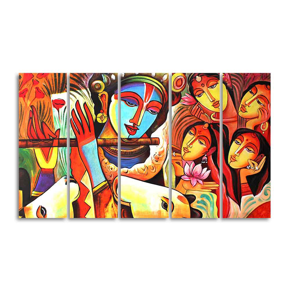 God Radha Krishna Beautiful Wall Painting of Five Pieces