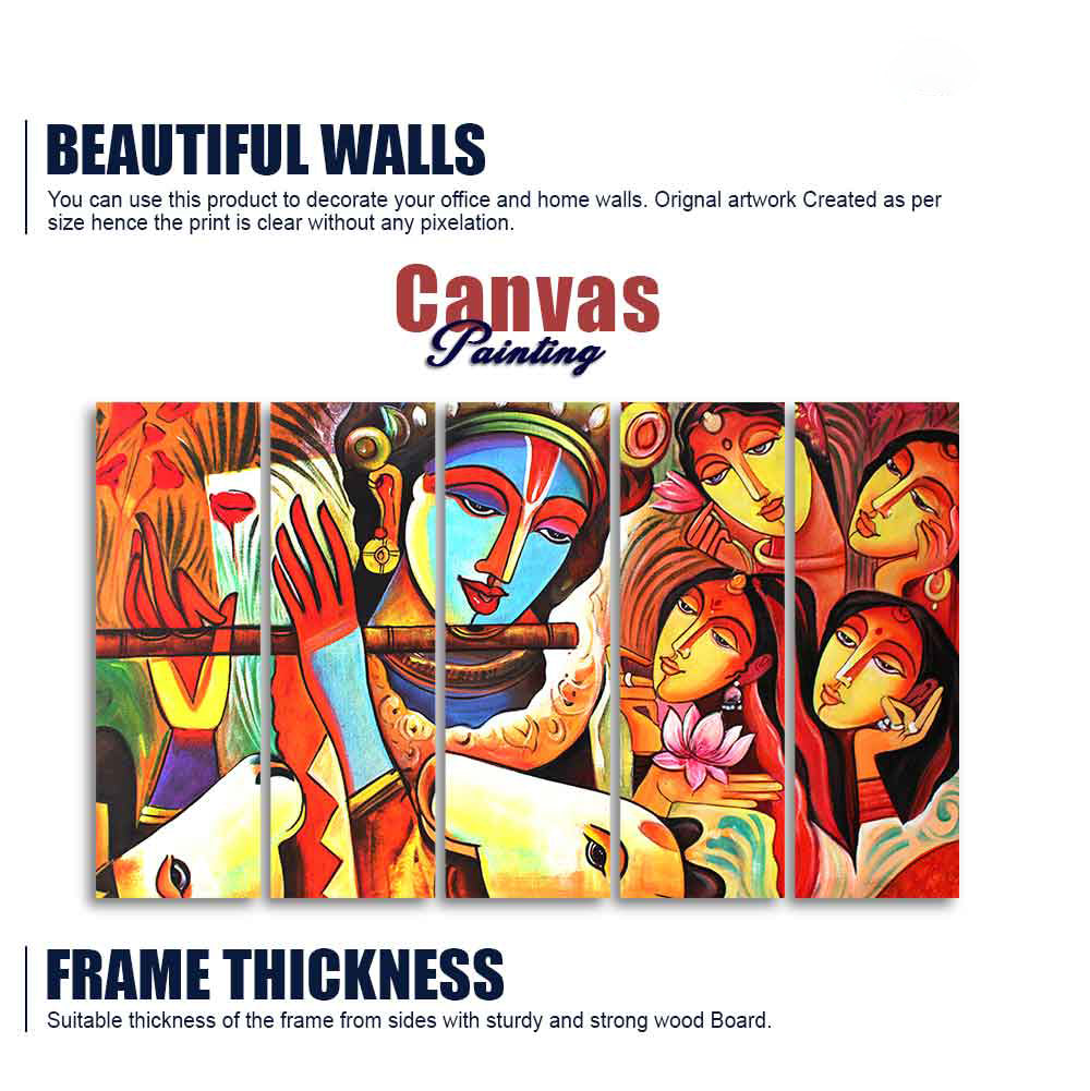 God Radha Krishna Beautiful Wall Painting of Five Pieces