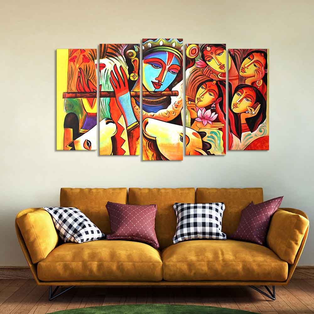 God Radha Krishna Beautiful Wall Painting Set of Five Pieces