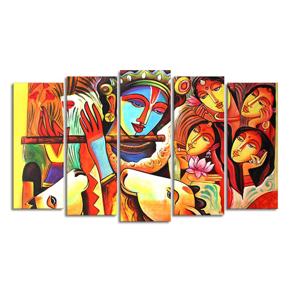 God Radha Krishna Beautiful Wall Painting Set of Five Pieces