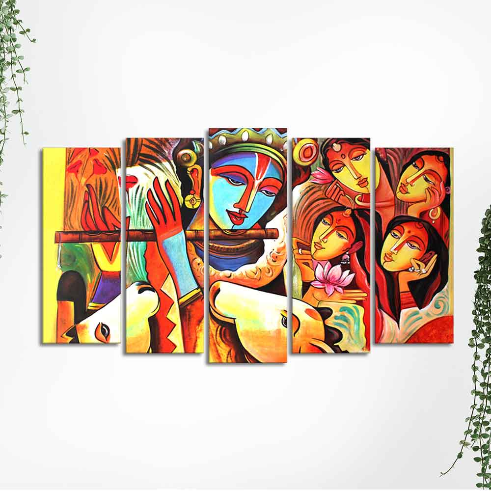 God Radha Krishna Beautiful Wall Painting Set of Five Pieces