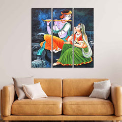 God Radha Krishna Playing Flute Wall Painting of 3 Panels