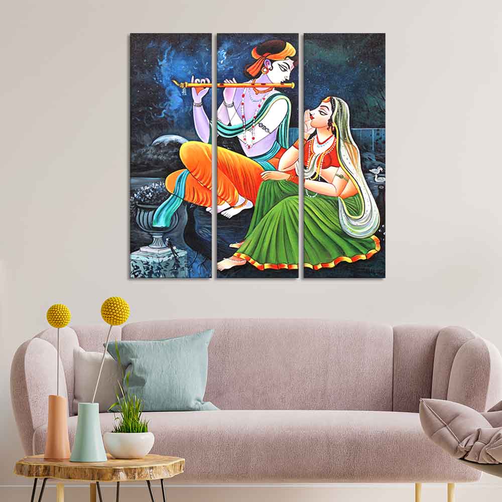 God Radha Krishna Playing Flute Wall Painting of 3 Panels