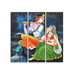 God Radha Krishna Playing Flute Wall Painting of 3 Panels