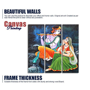 God Radha Krishna Playing Flute Wall Painting of 3 Panels