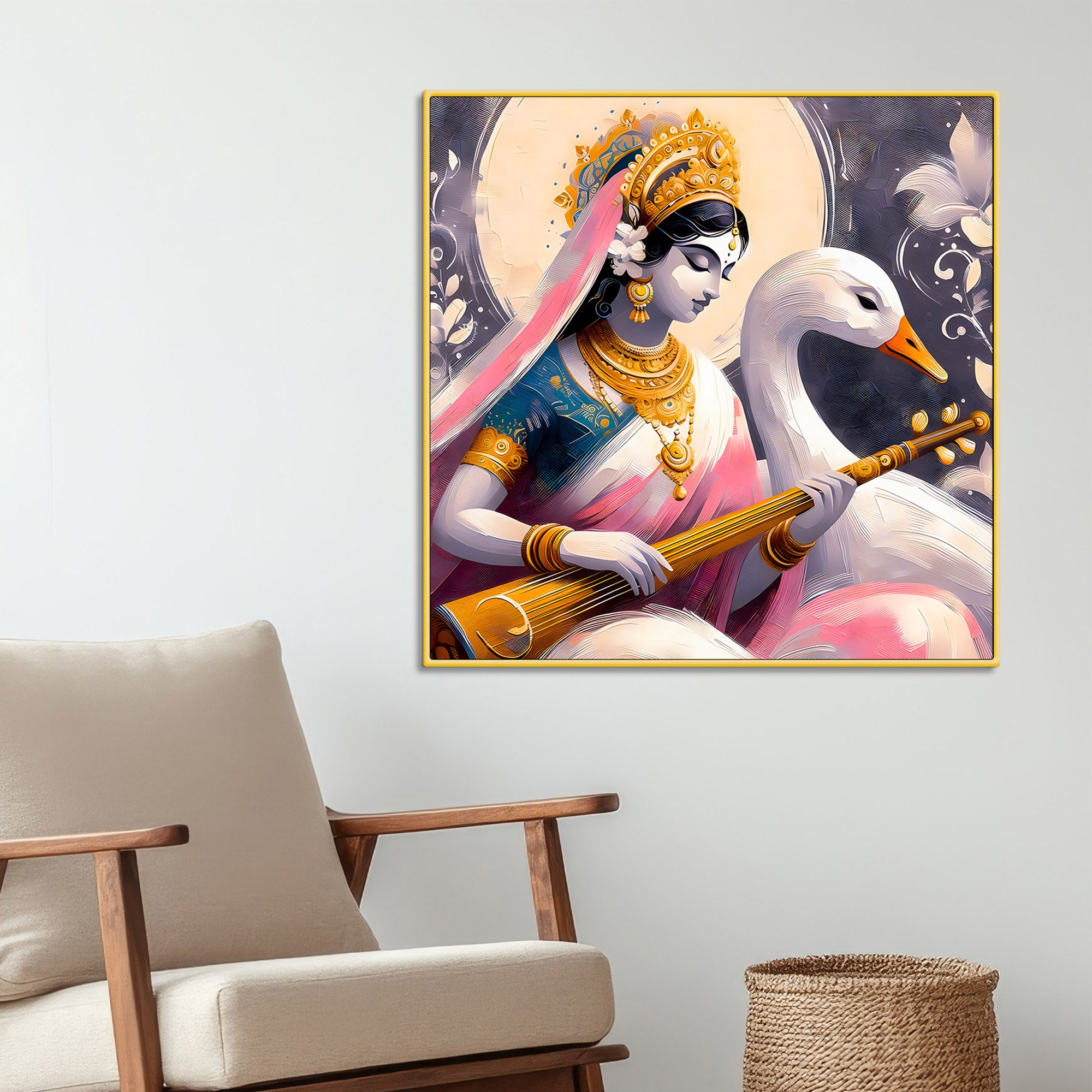 Goddess Saraswati with Swan Canvas Wall Painting