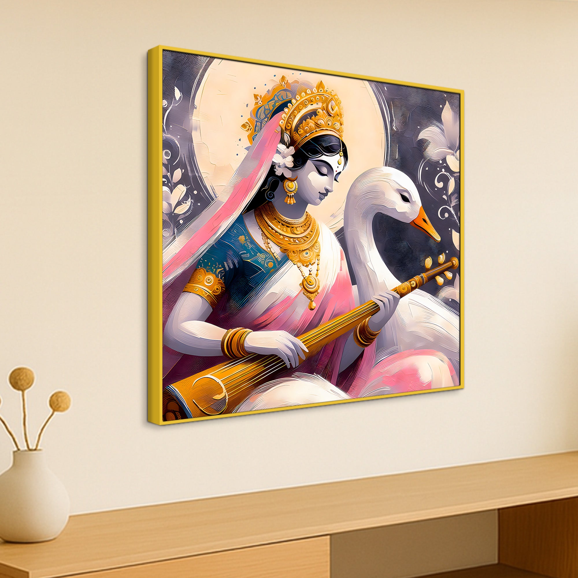 Goddess Saraswati with Swan Canvas Wall Painting