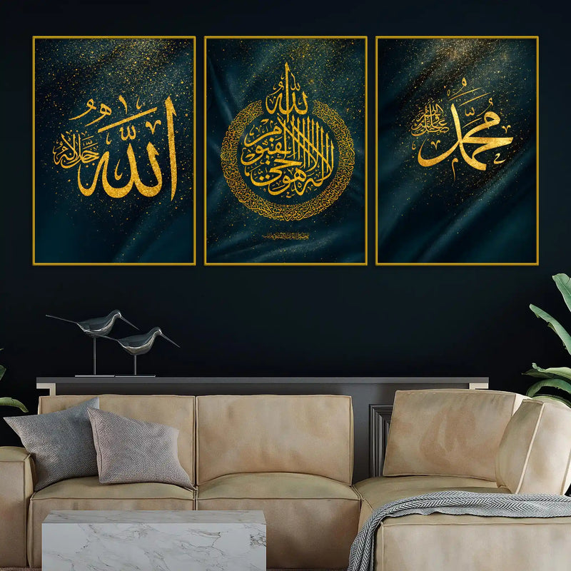 Gold Allah and Muhammad Calligraphy Floating Frame Crystal Wall Painting Set of 3