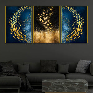gold-fish-swirl-on-cosmic-ocean-butterflies-in-golden-stars-floating-frame-crystal-wall-painting-set-of-3