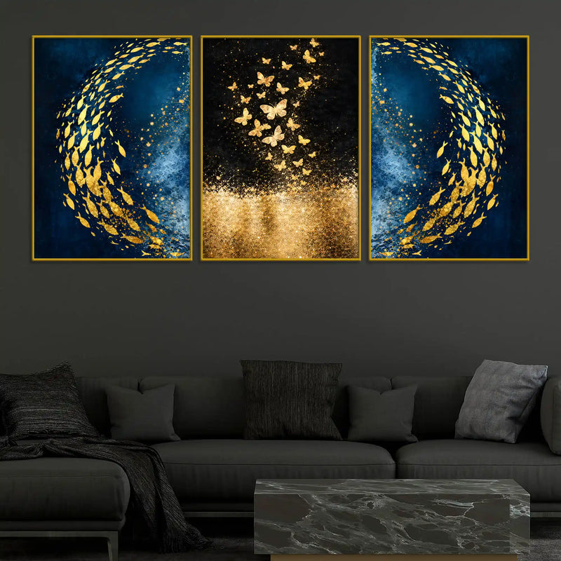 gold-fish-swirl-on-cosmic-ocean-butterflies-in-golden-stars-floating-frame-crystal-wall-painting-set-of-3