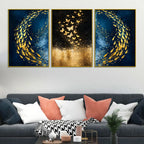 Gold Fish Swirl on Cosmic Ocean & Butterflies in Golden Stars Floating Frame Crystal Wall Painting Set of 3