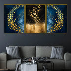 Gold Fish Swirl on Cosmic Ocean & Butterflies in Golden Stars Floating Frame Crystal Wall Painting Set of 3