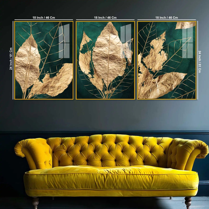 Gold Foil Leaves Acrylic Floating Frame Wall Painting Set of 3