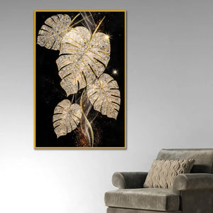 Gold Monstera Leaf Floating Frame Crystal Wall Painting