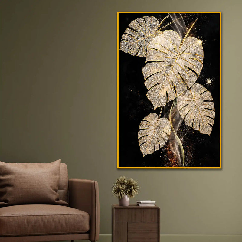 Gold Monstera Leaf Floating Frame Crystal Wall Painting