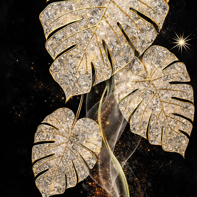 Gold Monstera Leaf Floating Frame Crystal Wall Painting