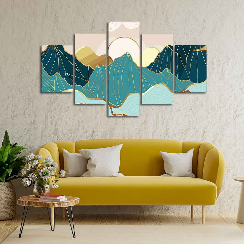 Gold Mountain Landscape Line art with Sunrise Background 5 Pieces Wall Painting