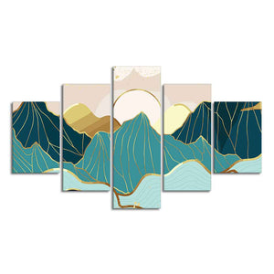 Gold Mountain Landscape Line art with Sunrise Background 5 Pieces Wall Painting