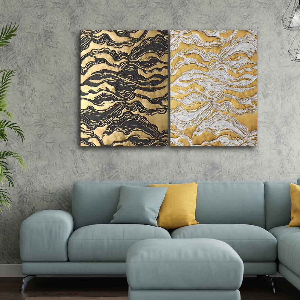 Golden Abstract Art Canvas Wall Painting of Two Pieces