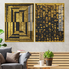 Golden Abstract Artistic Shapes Art Acrylic Floating Wall Painting Set Of 2