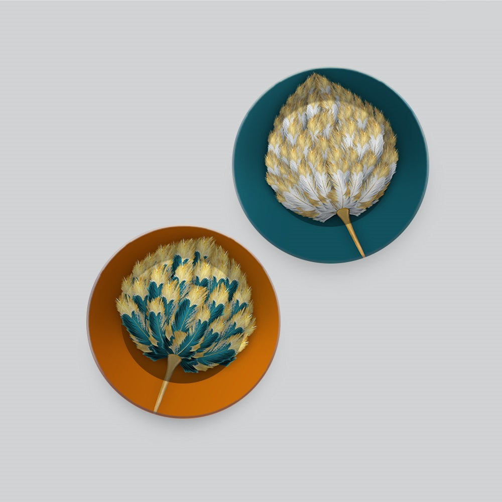 Golden Abstract Leaf Mural Art Wall Hanging Plates of Two Pieces