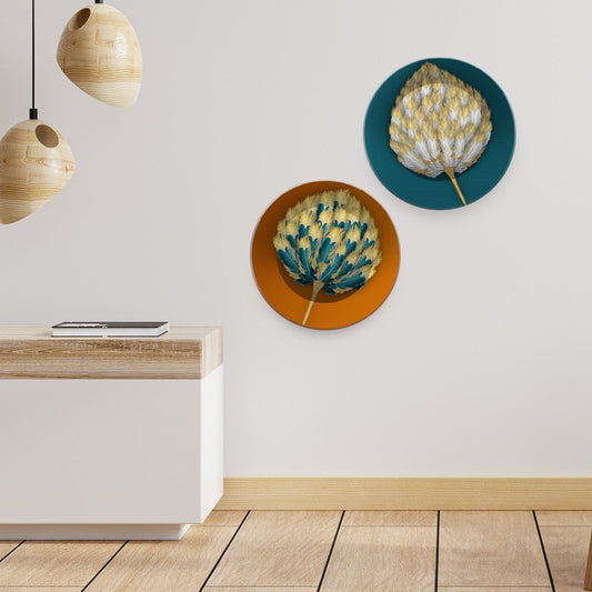 Golden Abstract Leaf Mural Art Wall Hanging Plates of Two Pieces