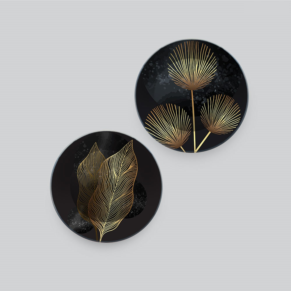 Golden Abstract Line Art Leaves Wall Hanging Plates of Two Pieces