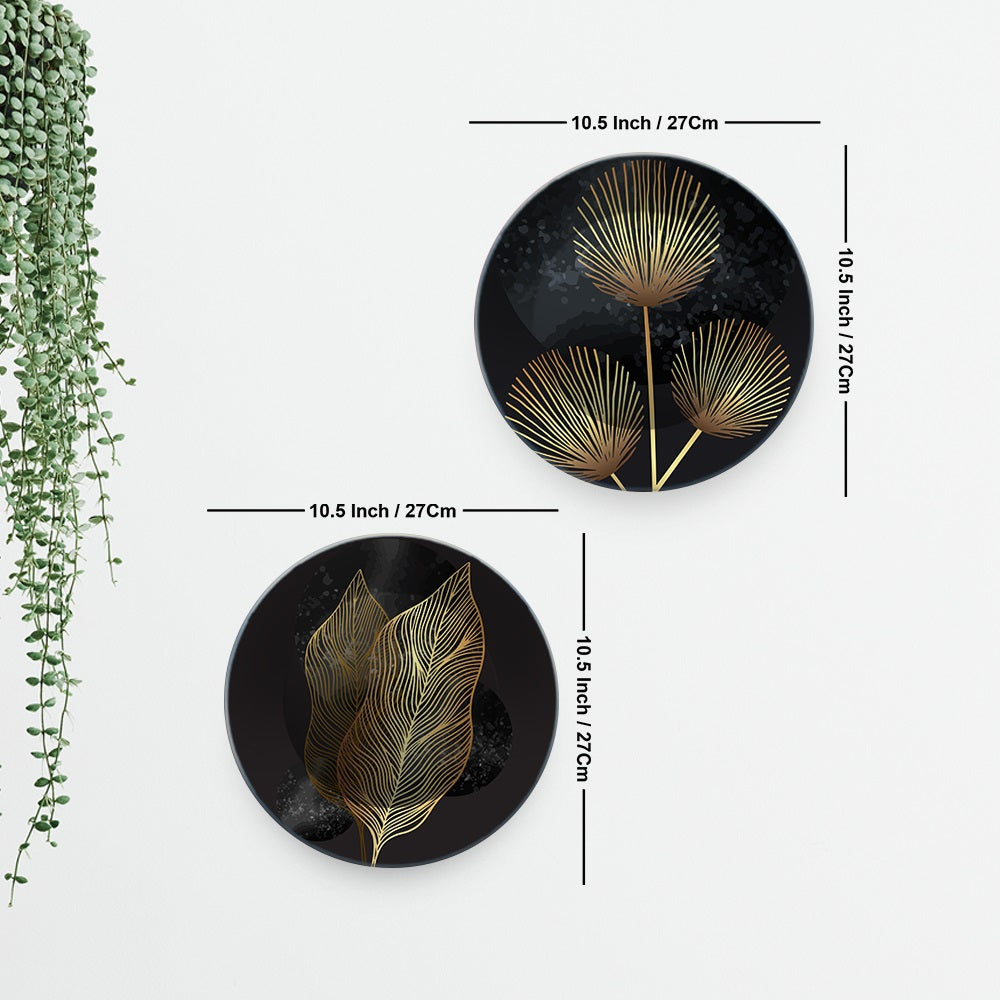 Golden Abstract Line Art Leaves Wall Hanging Plates of Two Pieces