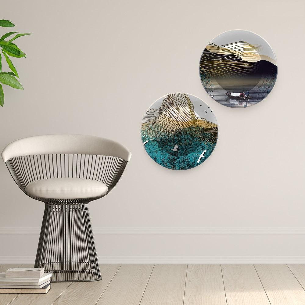 Golden Abstract Line Art Scenery Wall Hanging Plates of Two Pieces