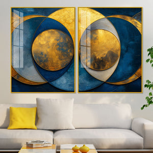 Golden Abstract Modern Circle Acrylic Floating Wall Painting Set of Two Pieces