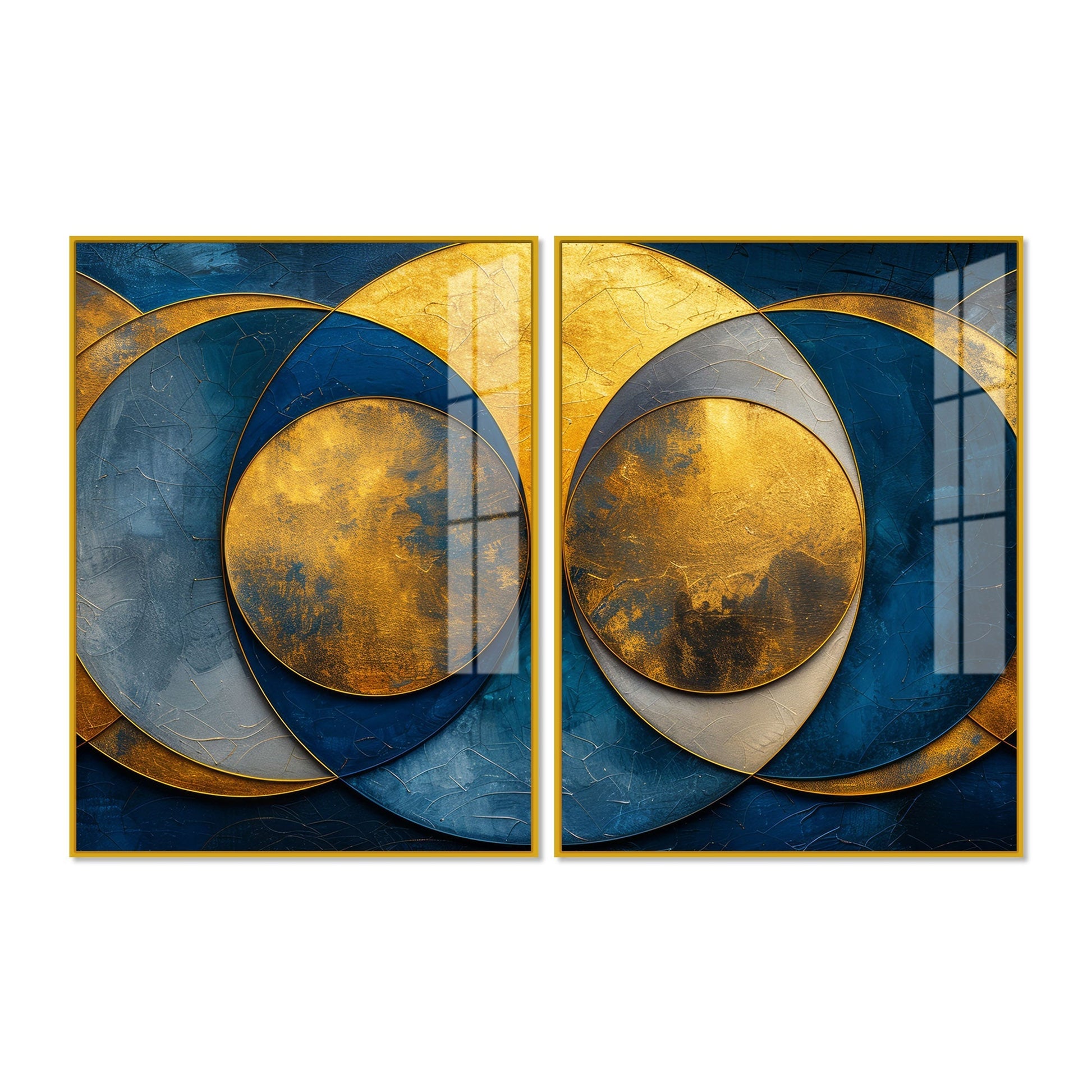 Golden Abstract Modern Circle Acrylic Floating Wall Painting Set of Two Pieces