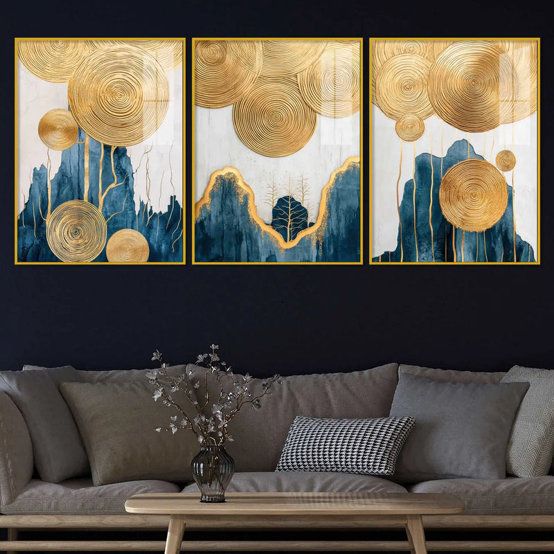 Golden Abstract Serenity Acrylic Floating Frame Wall Painting Set of 3