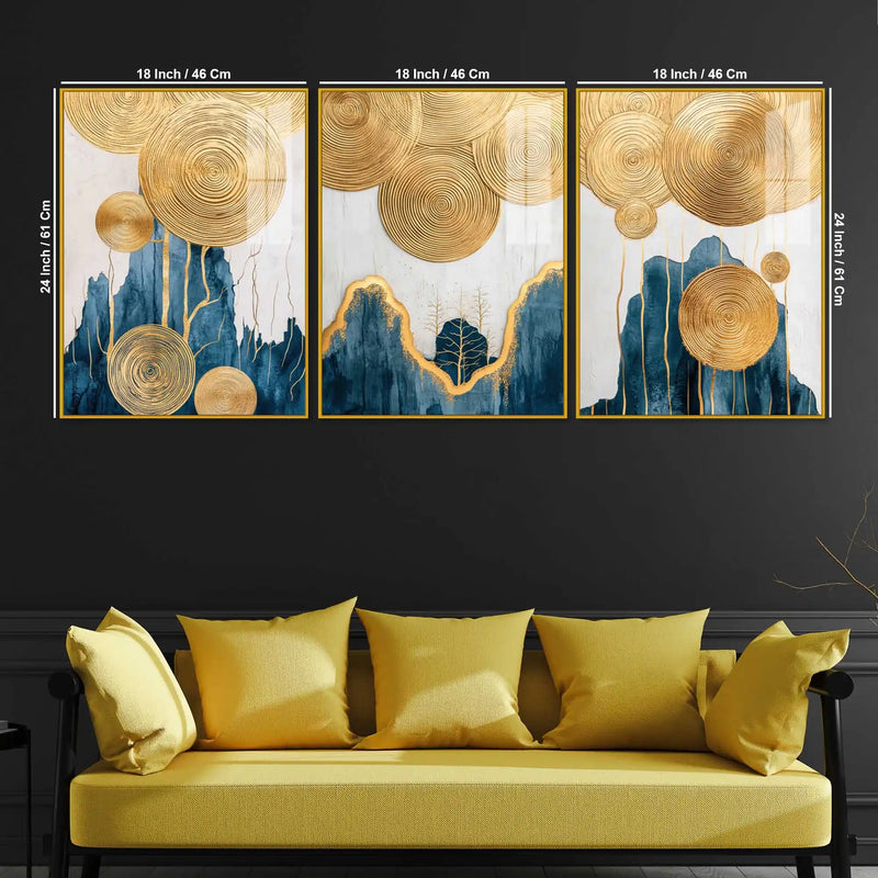 Golden Abstract Serenity Acrylic Floating Frame Wall Painting Set of 3