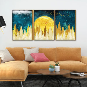 Golden Abstract Tree Premium Canvas Floating Canvas Wall Painting Set of Three