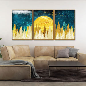 Golden Abstract Tree Premium Canvas Floating Canvas Wall Painting Set of Three