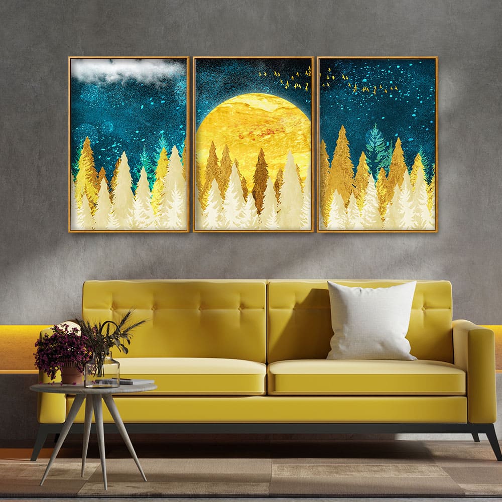 Golden Abstract Tree Premium Canvas Floating Canvas Wall Painting Set of Three