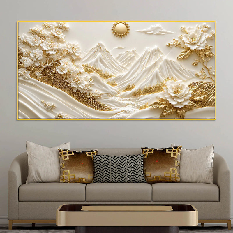 Golden Alpine Mountain Landscape with White Blossom Trees 3D Canvas Wall Painting