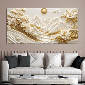 Golden Alpine Mountain Landscape with White Blossom Trees 3D Canvas Wall Painting